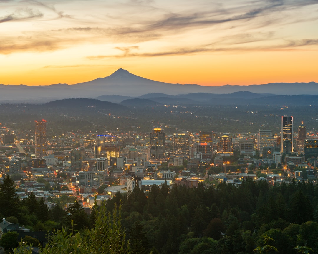 A wide angle view of the city of Portland and Mount Hood in Oregon.
